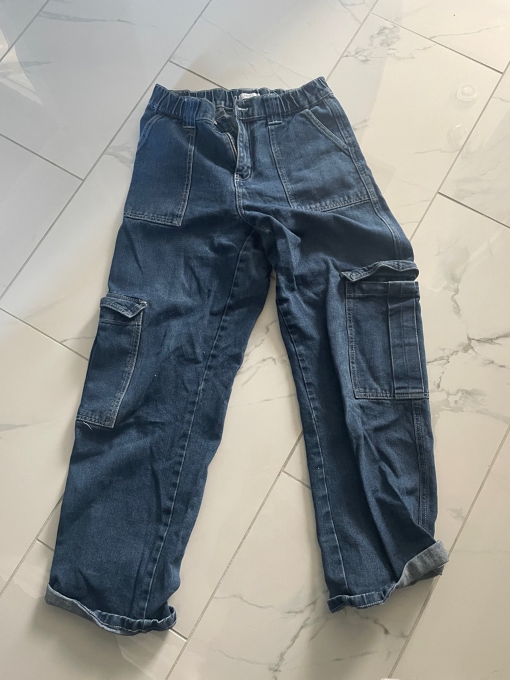 Forever 21 Light Blue Denim Cargo Pants With Elastic Waist